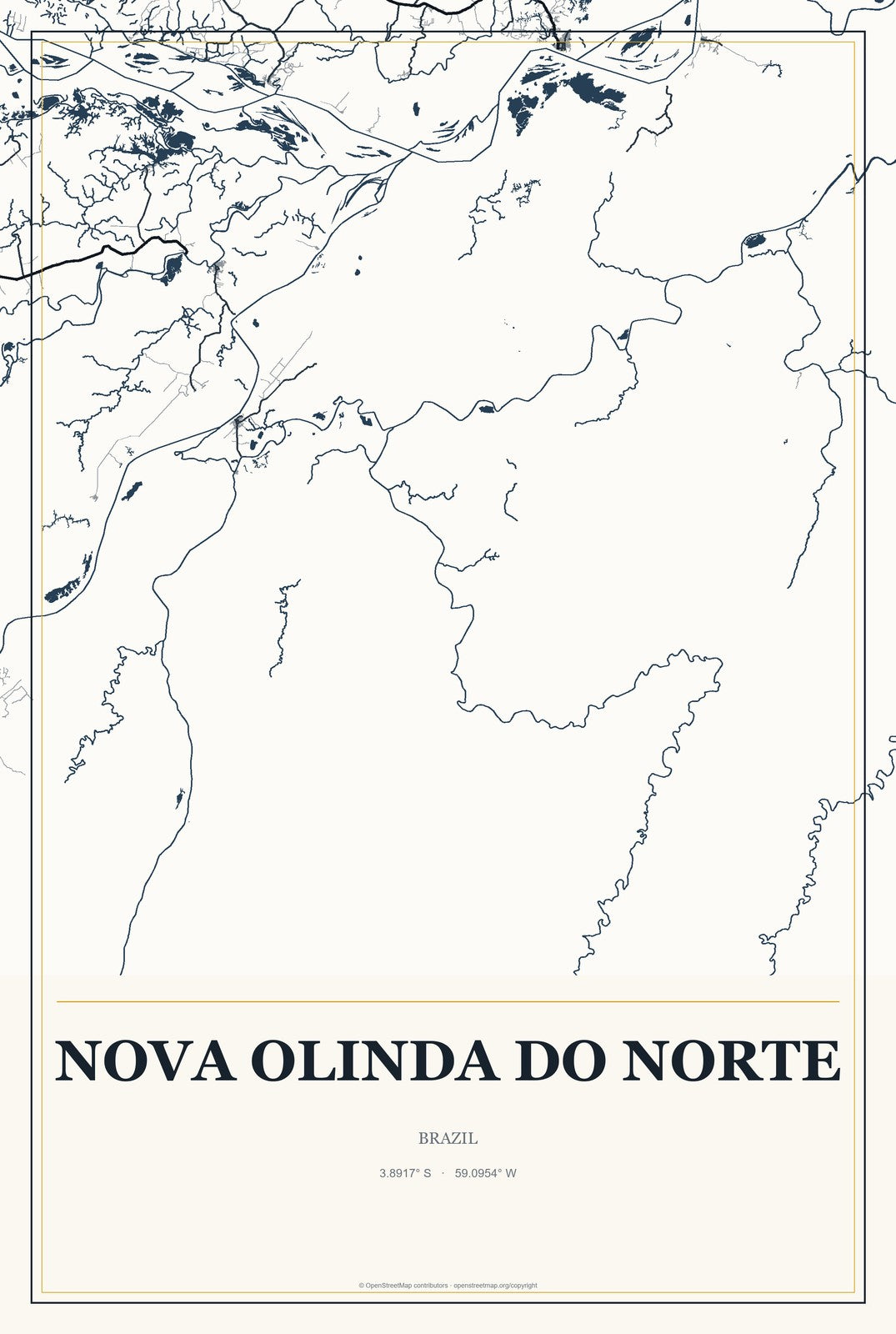 Nova Olinda do Norte, Brazil City Map Aluminum Sign in Citrine Modern style