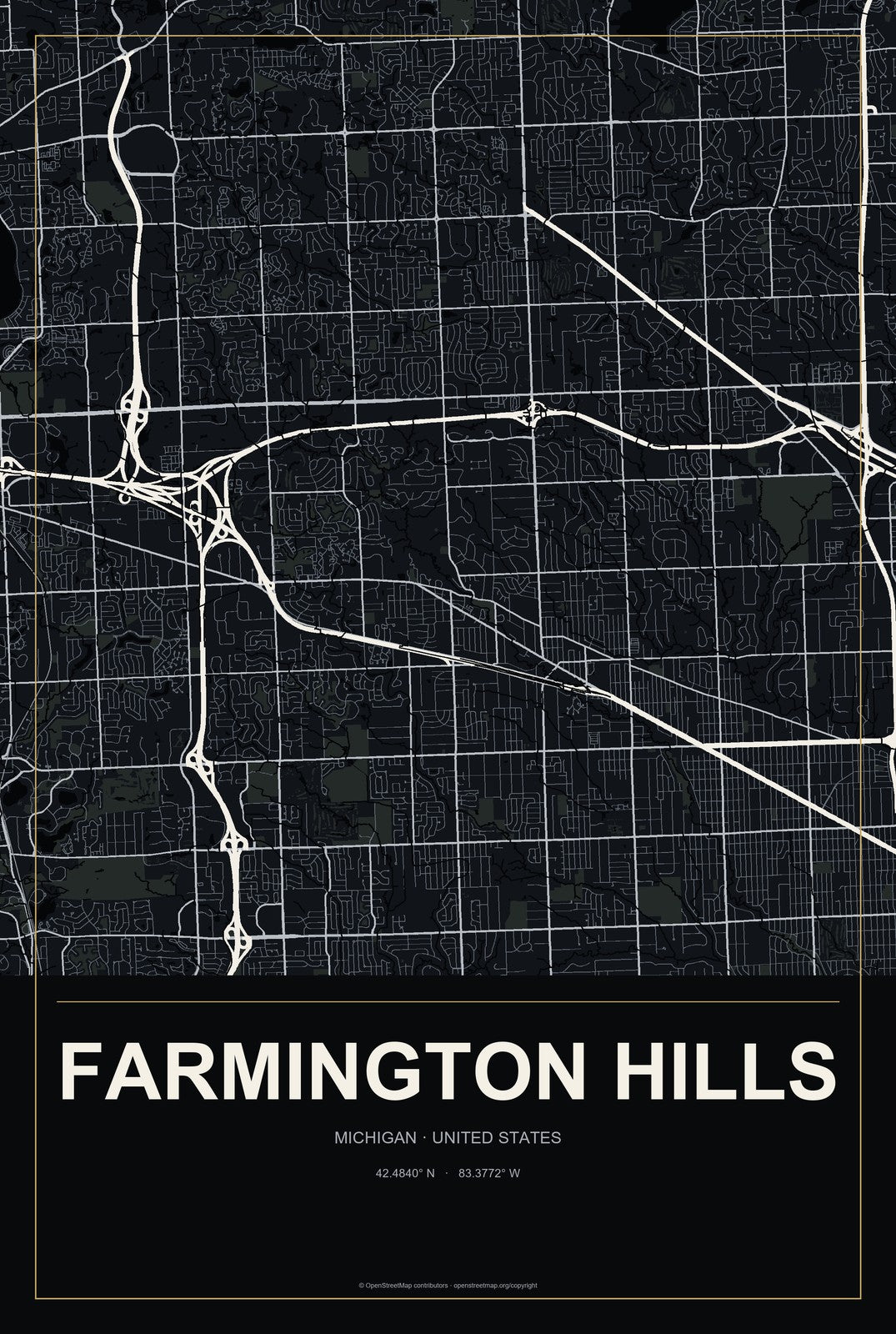 Farmington Hills, Michigan City Map Aluminum Sign in Metropolitan Noir style