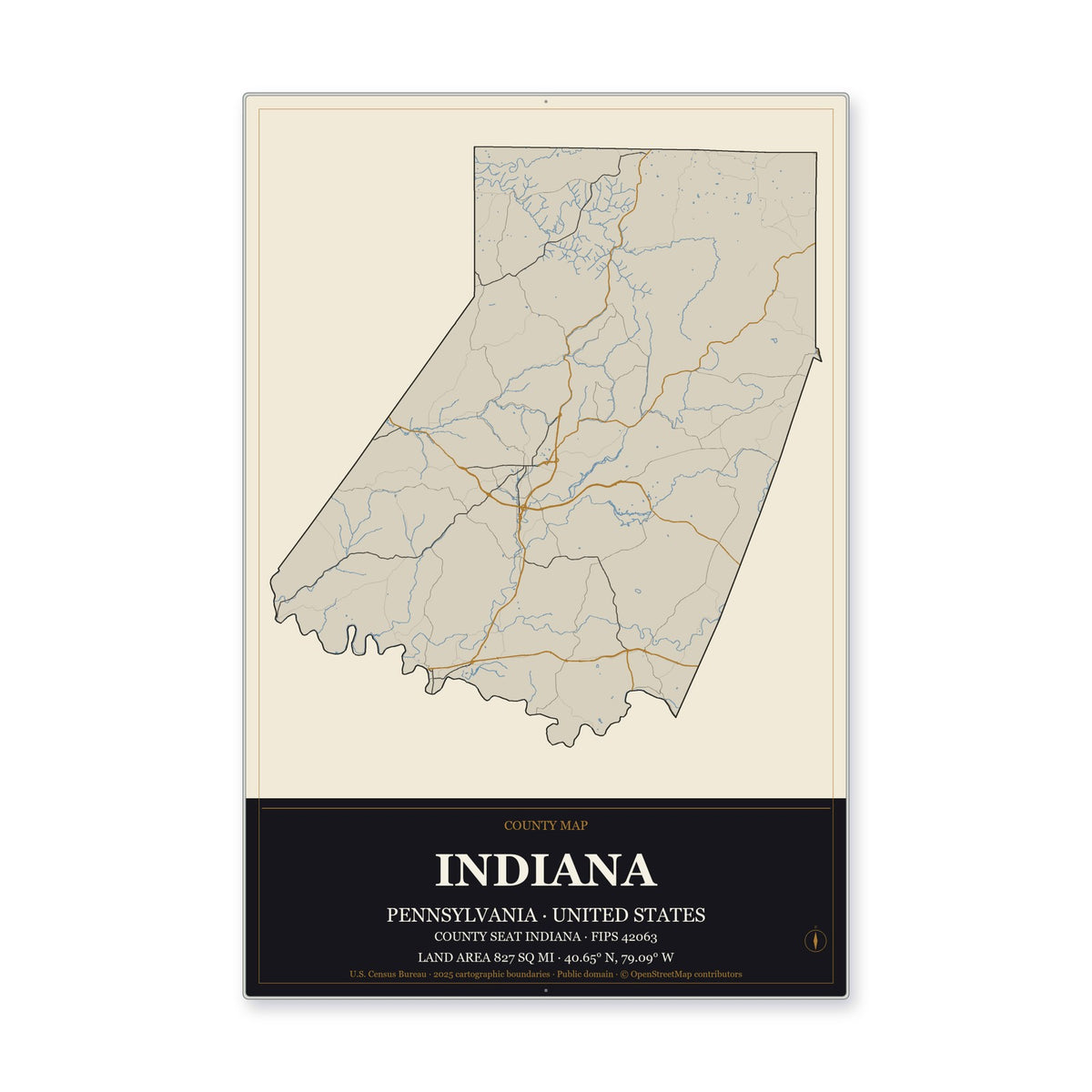 Indiana County, Pennsylvania Map Aluminum Sign in Museum Plaque style