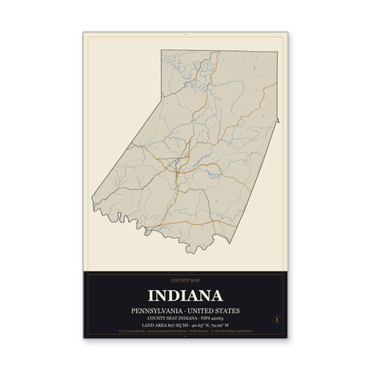 Indiana County, Pennsylvania Map Aluminum Sign in Museum Plaque style