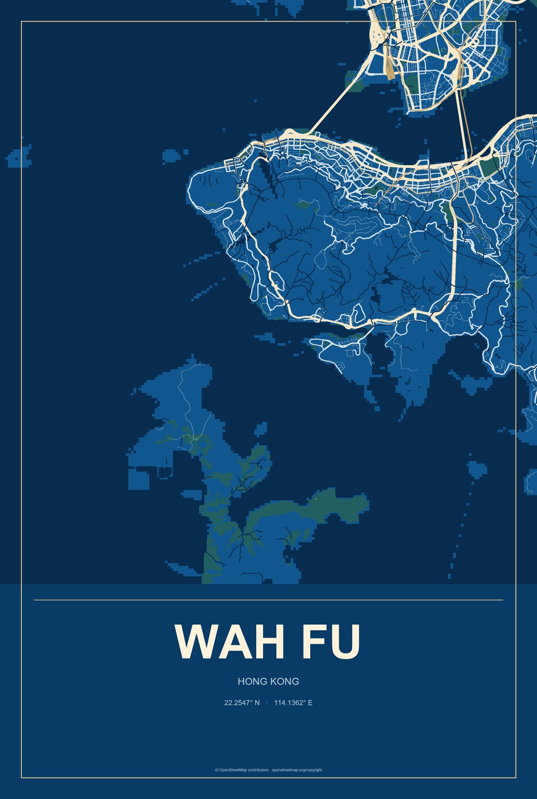 Wah Fu, Hong Kong City Map Aluminum Sign in Harbor Cobalt style