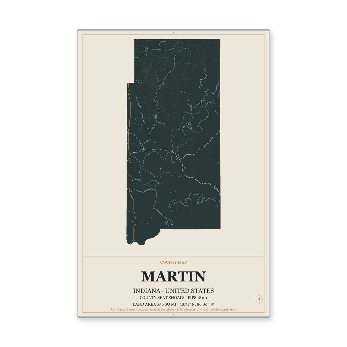 Martin County, Indiana Map Aluminum Sign in Headline Atlas style