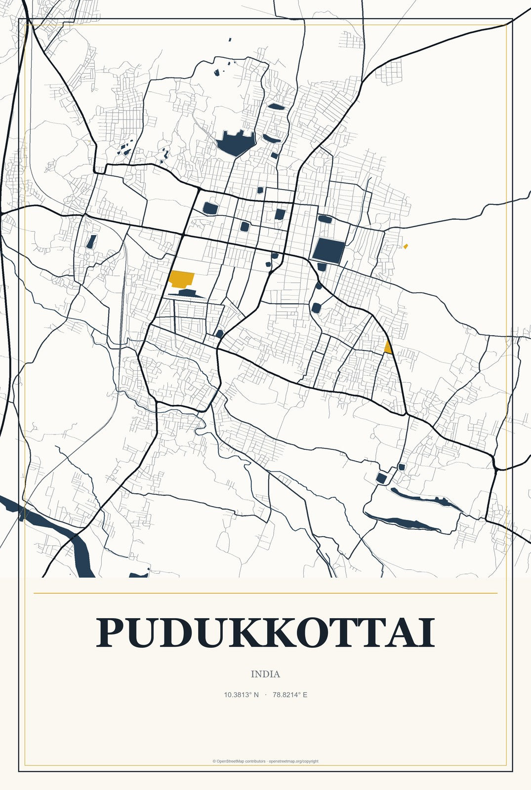 Pudukkottai, India City Map Aluminum Sign in Citrine Modern style