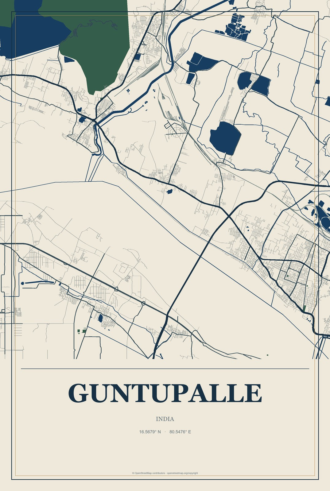 Guntupalle, India City Map Aluminum Sign in Coastal Cutout style