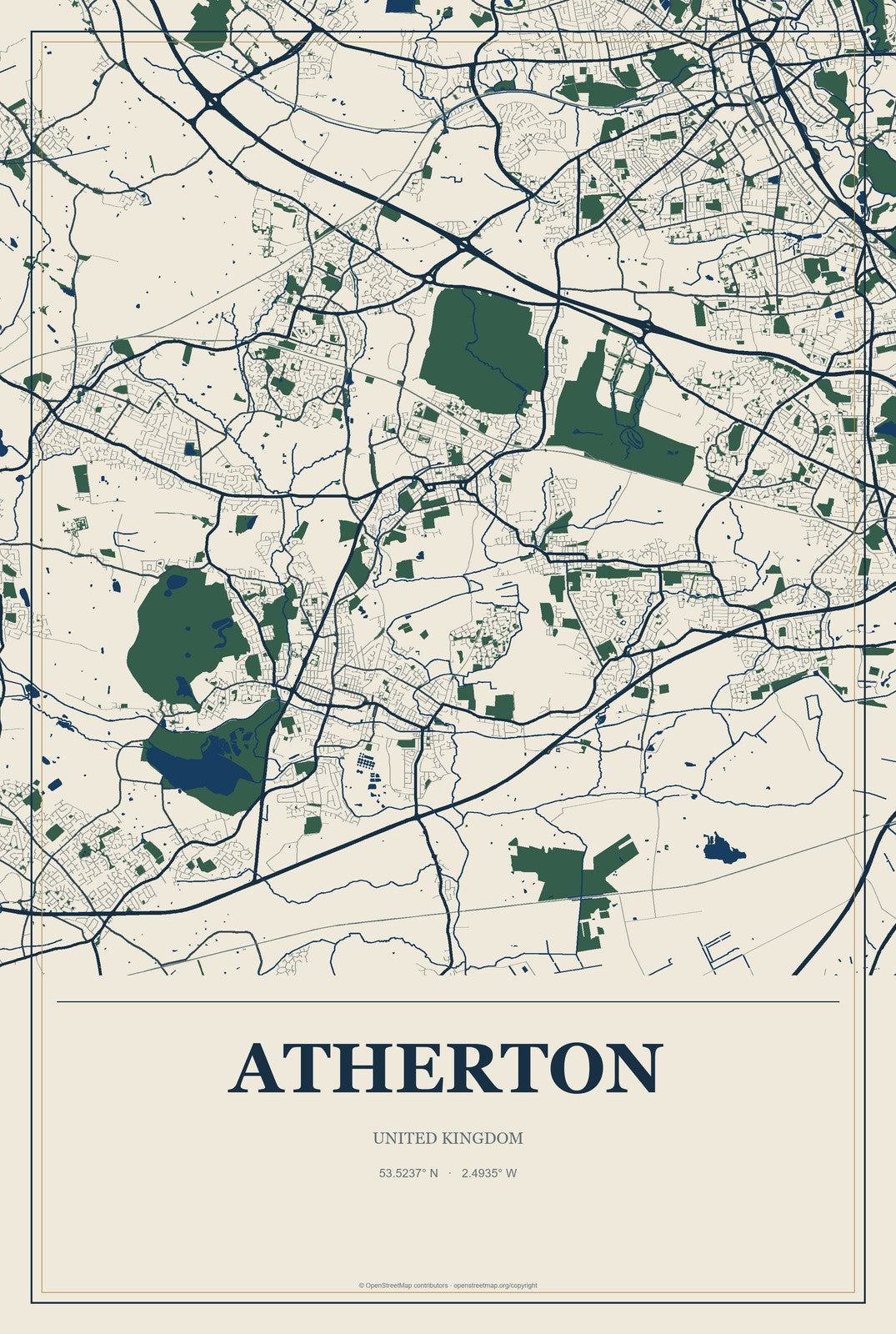 Atherton, United Kingdom City Map Aluminum Sign in Coastal Cutout style