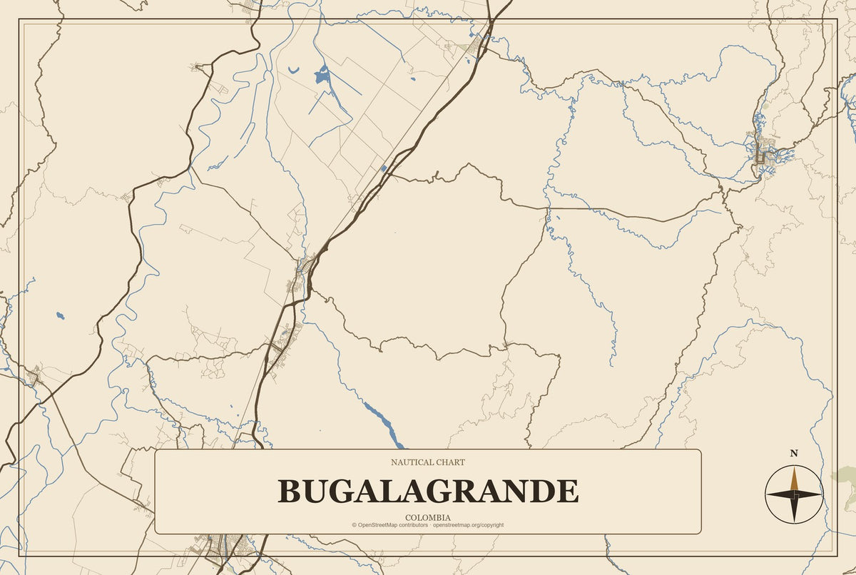 Bugalagrande, Colombia City Map Aluminum Sign in Heritage Nautical style