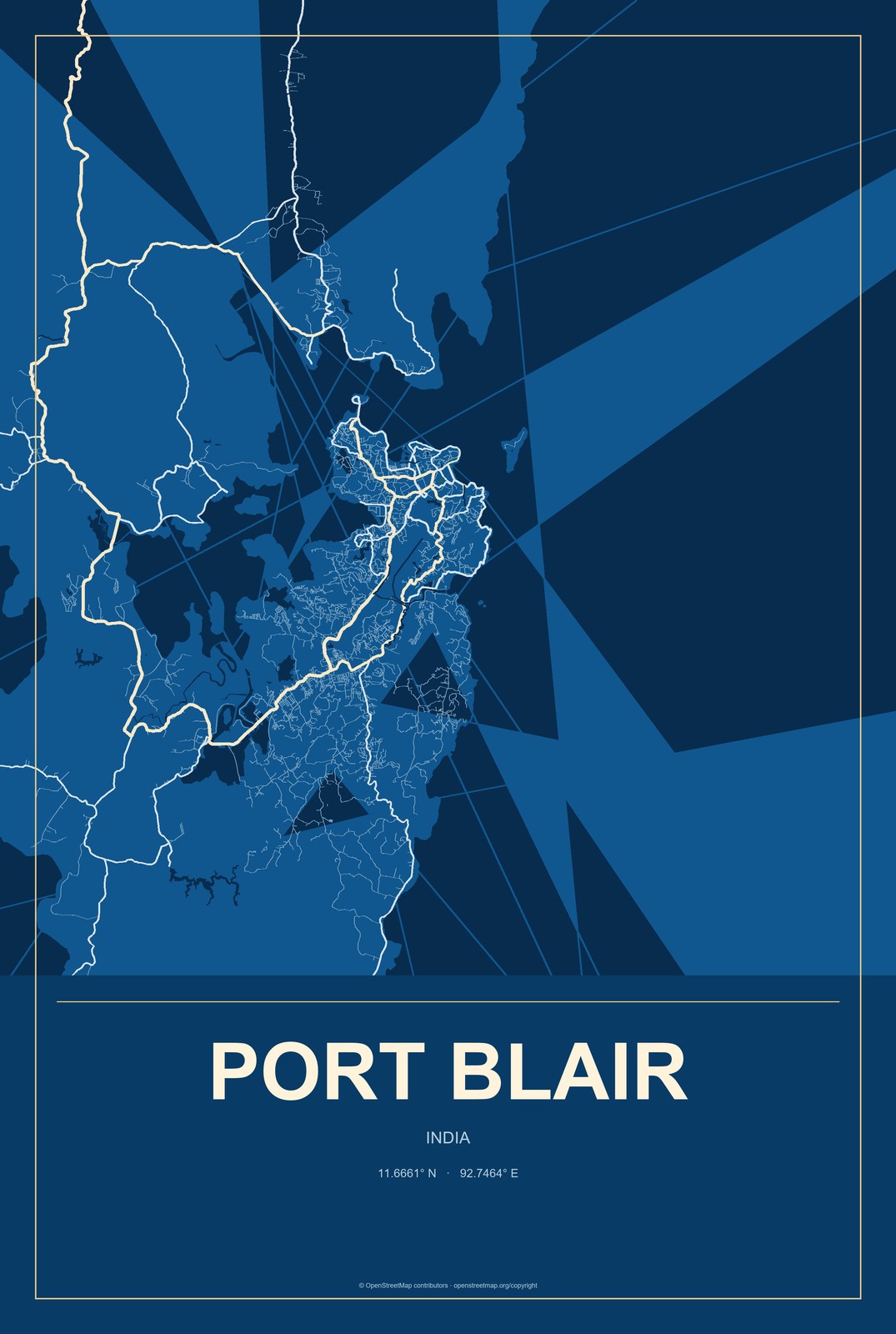 Port Blair, India City Map Aluminum Sign in Harbor Cobalt style