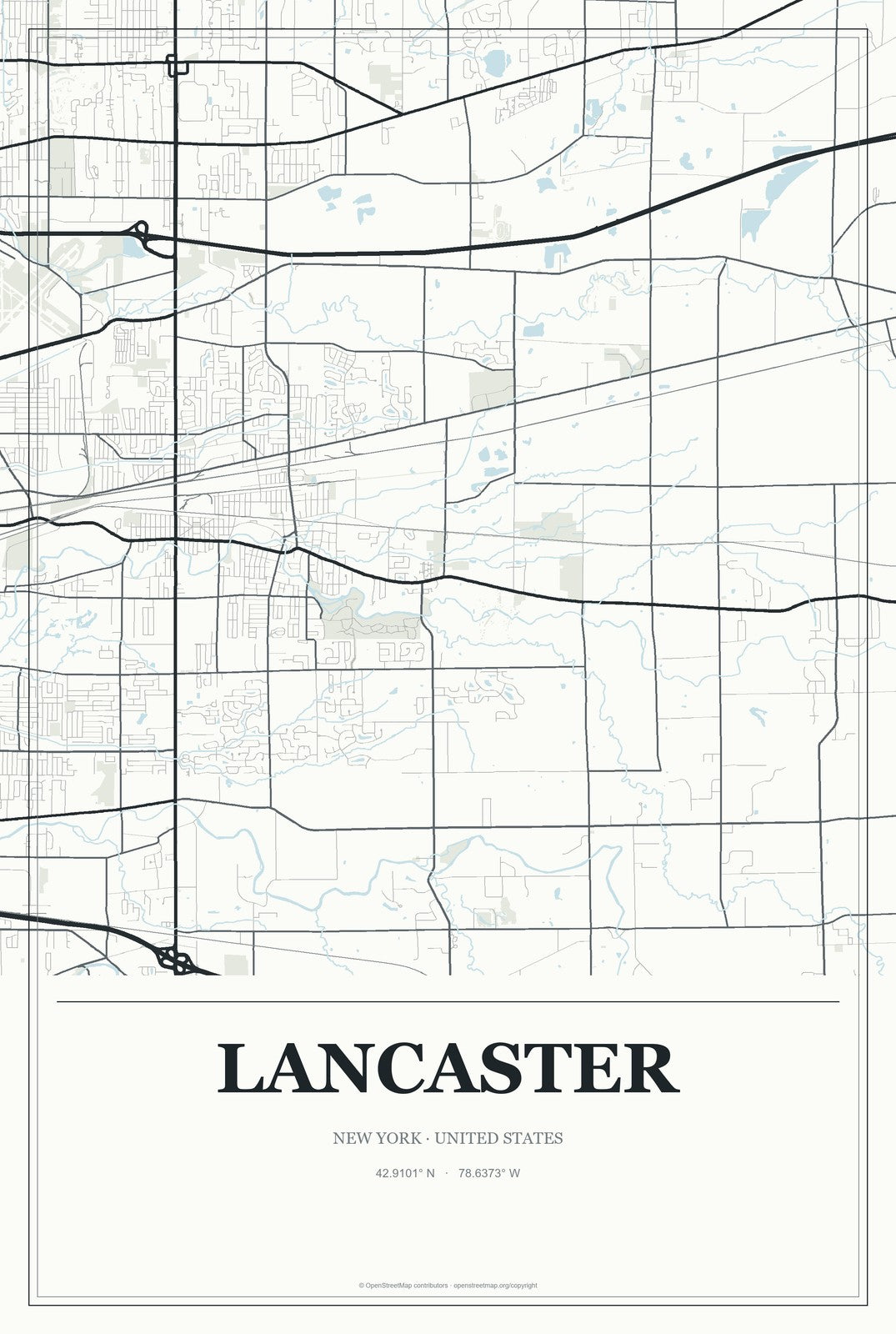 Lancaster, New York City Map Aluminum Sign in Gallery Air style
