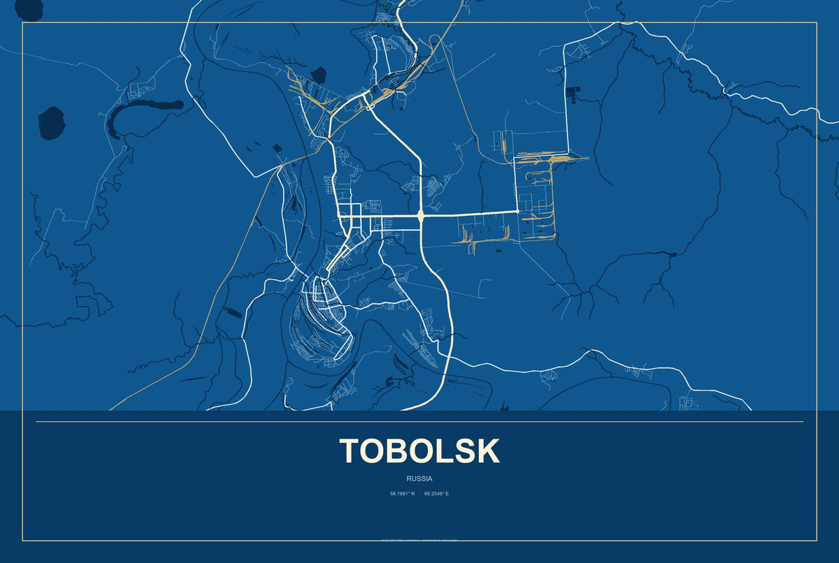 Tobolsk, Russia City Map Aluminum Sign in Harbor Cobalt style