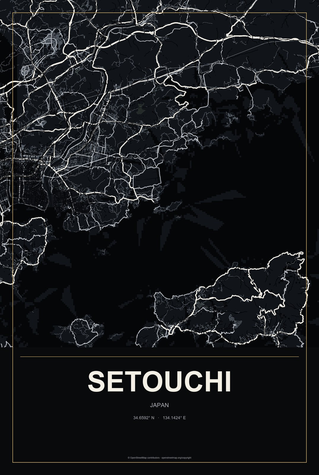 Setouchi, Japan City Map Aluminum Sign in Metropolitan Noir style