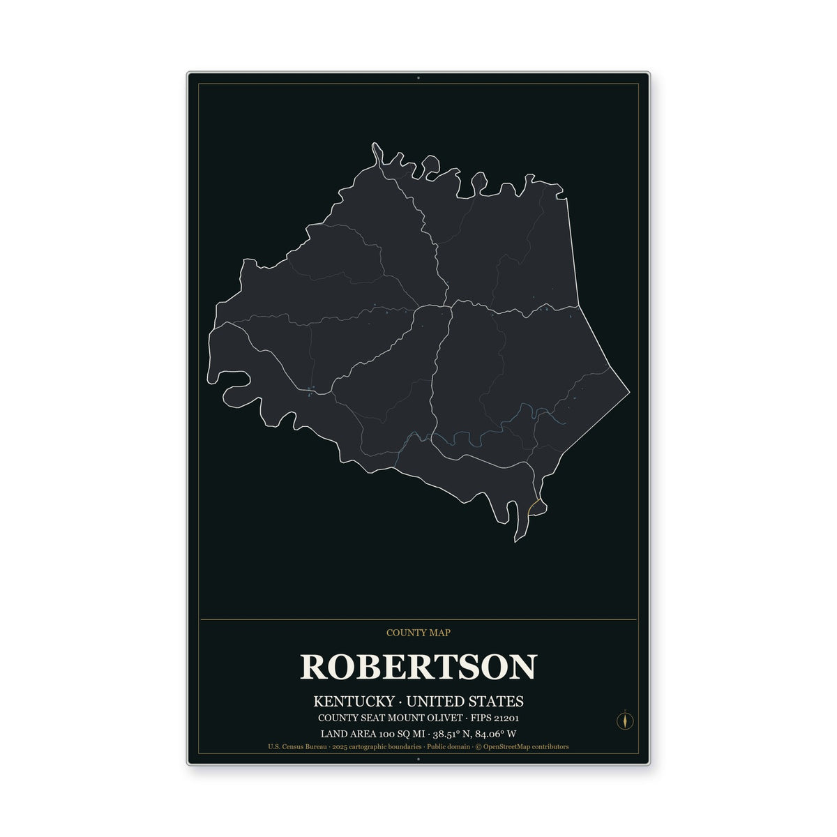 Robertson County, Kentucky Map Aluminum Sign in Metropolitan Noir style