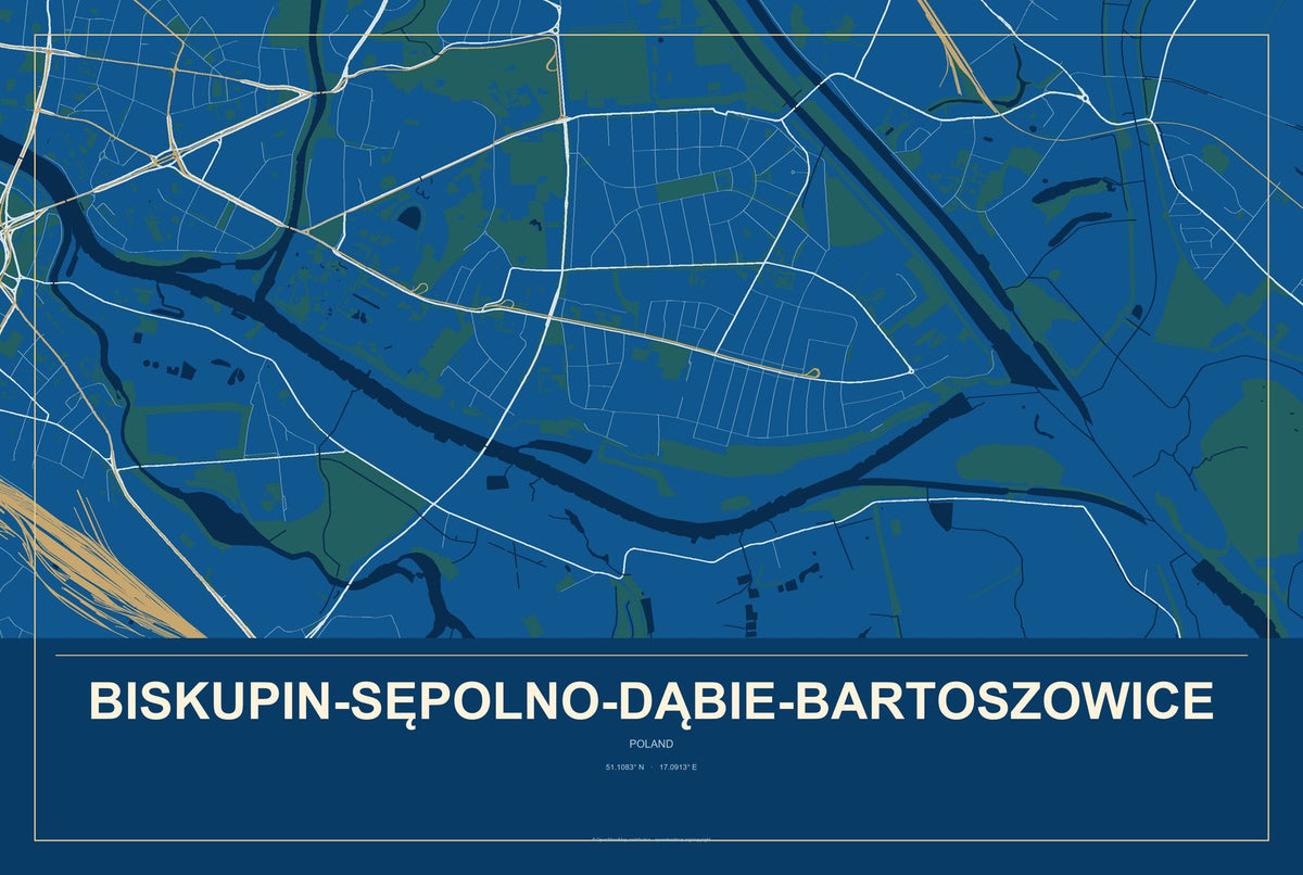 Biskupin-Sępolno-Dąbie-Bartoszowice, Poland City Map Aluminum Sign in Harbor Cobalt style