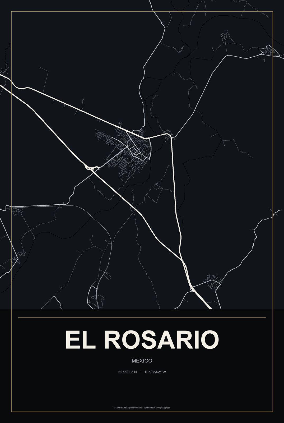 El Rosario, Sinaloa, Mexico City Map Aluminum Sign in Metropolitan Noir style
