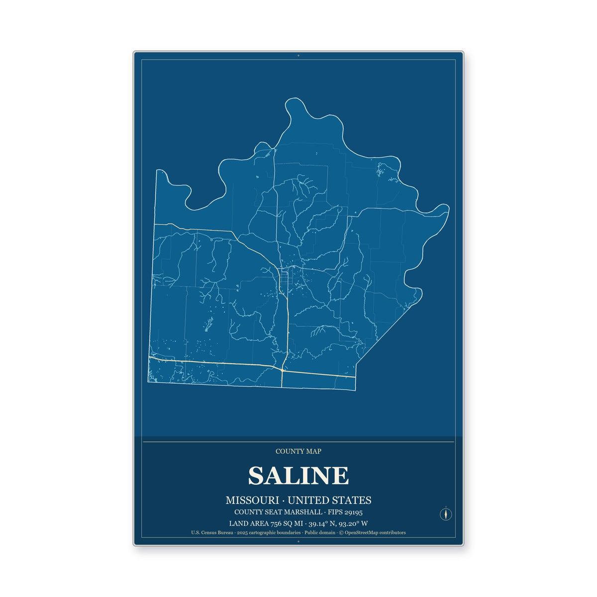 Saline County, Missouri Map Aluminum Sign in Harbor Cobalt style