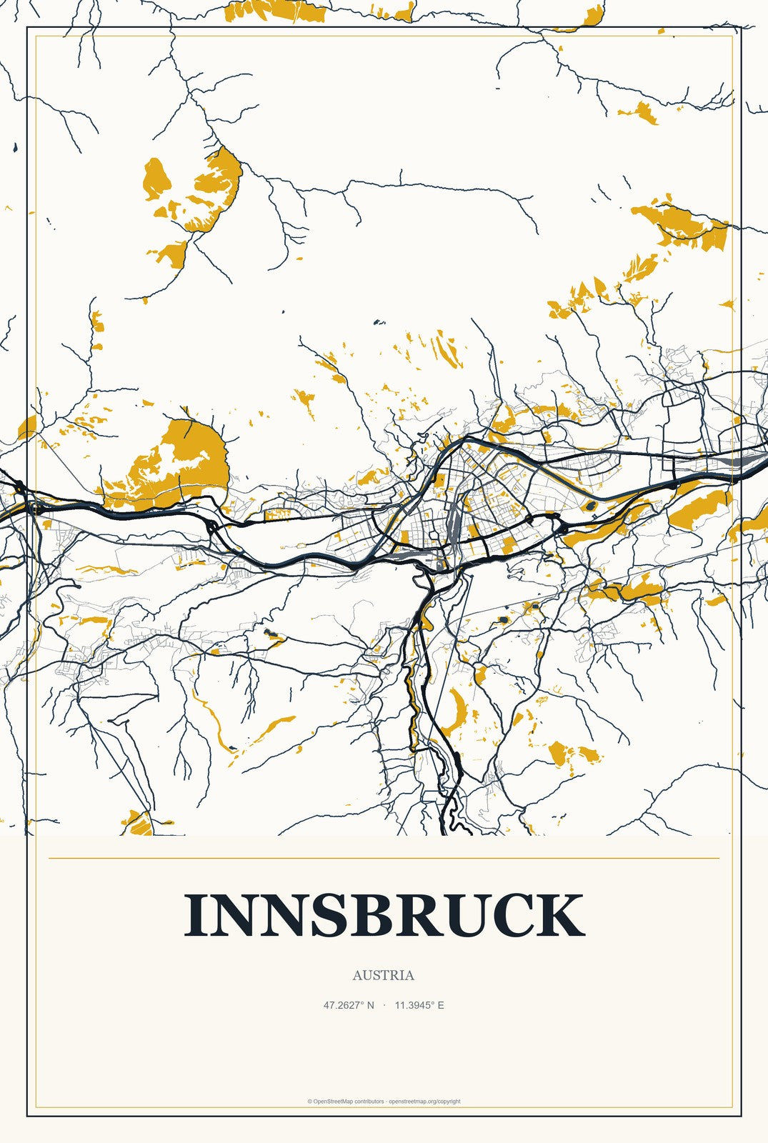 Innsbruck, Austria City Map Aluminum Sign in Citrine Modern style