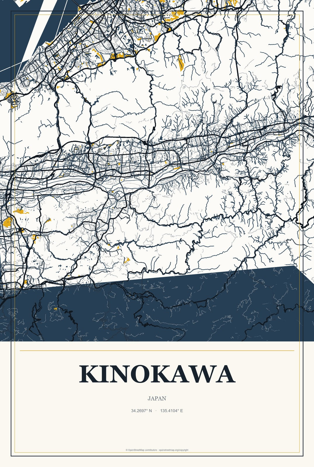 Kinokawa, Japan City Map Aluminum Sign in Citrine Modern style
