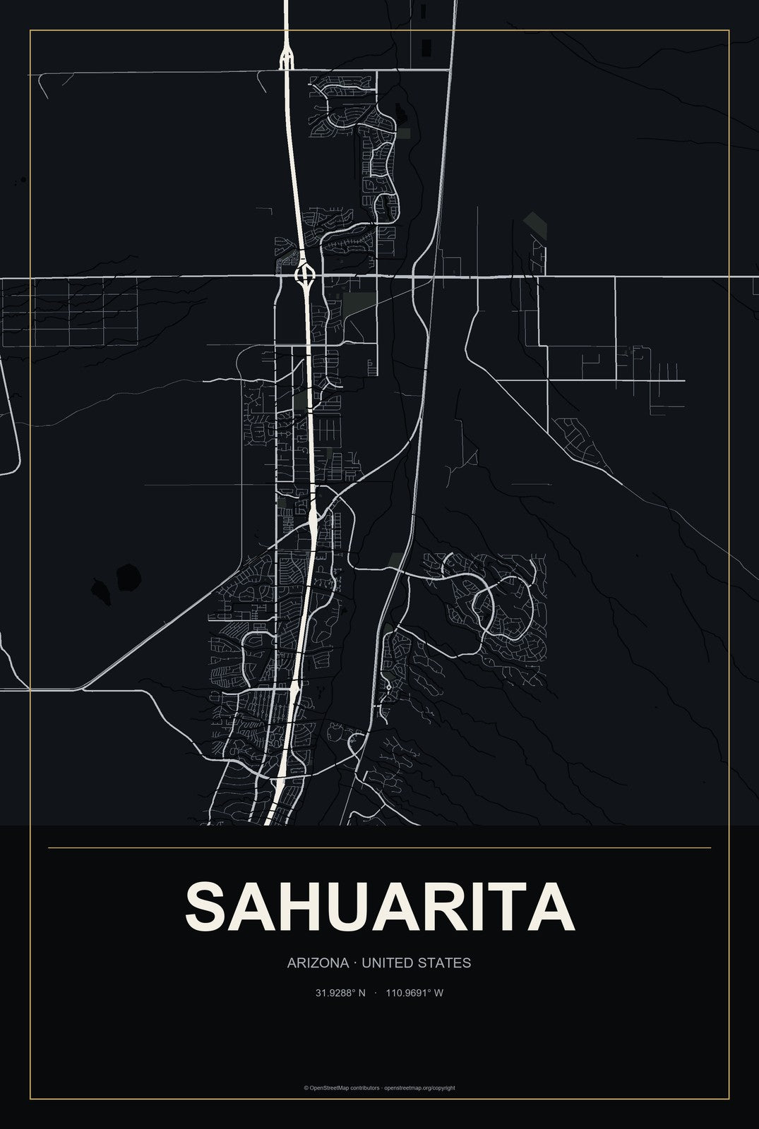 Sahuarita, Arizona City Map Aluminum Sign in Metropolitan Noir style