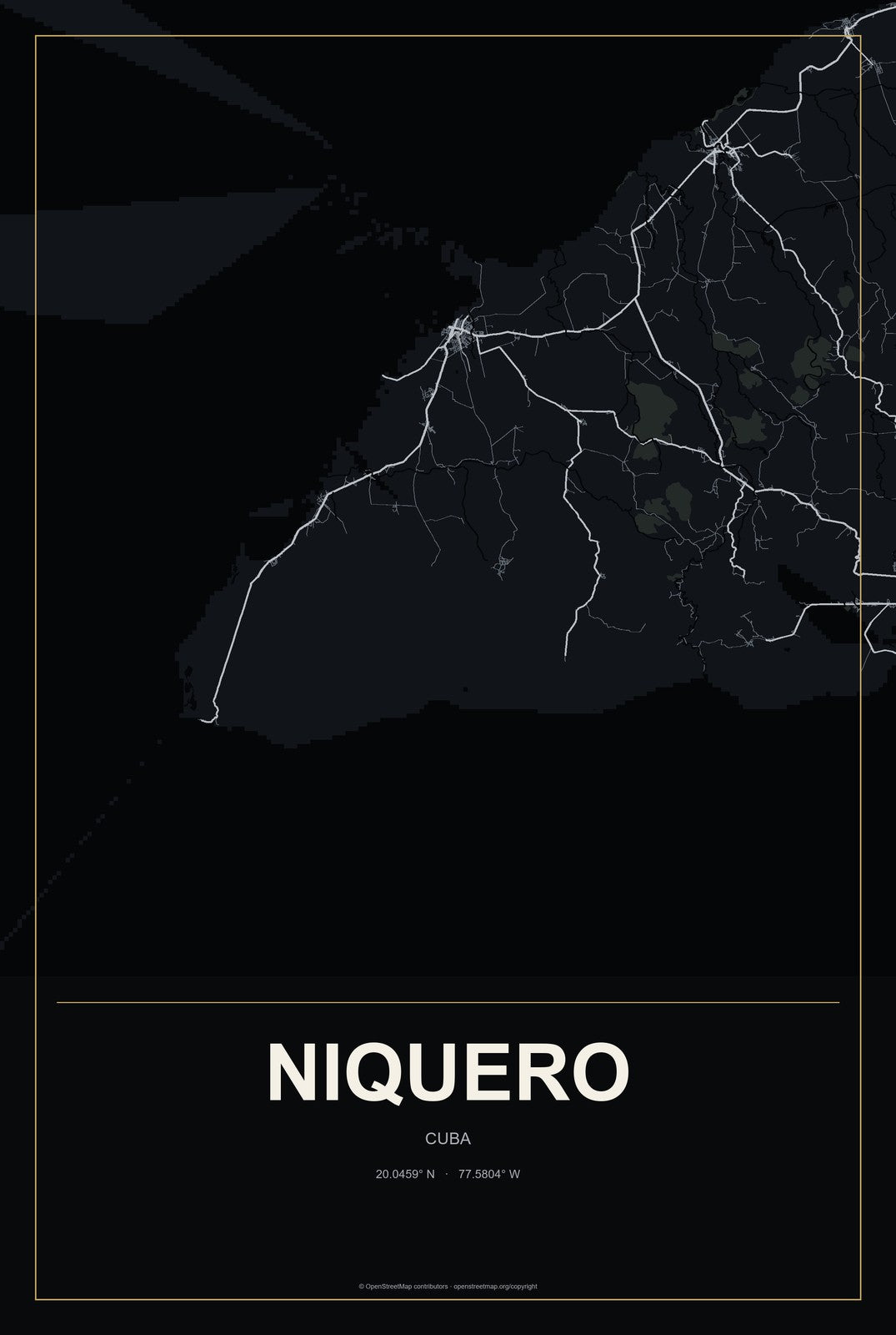 Niquero, Cuba City Map Aluminum Sign in Metropolitan Noir style