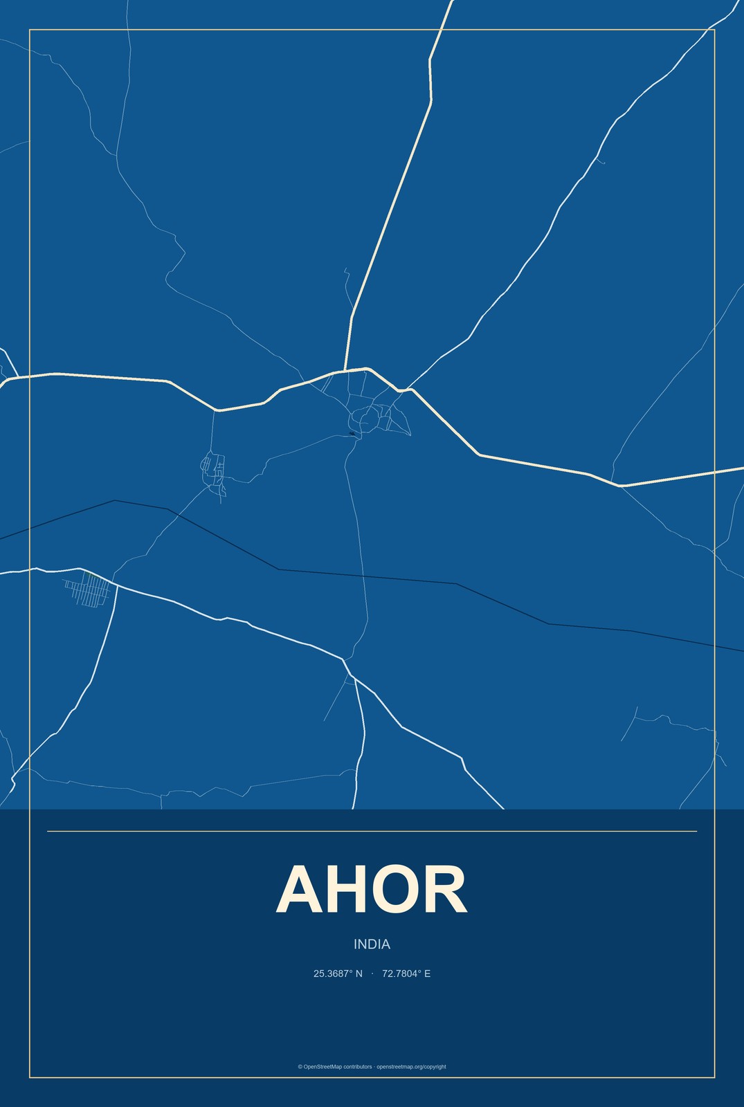 Ahor, India City Map Aluminum Sign in Harbor Cobalt style