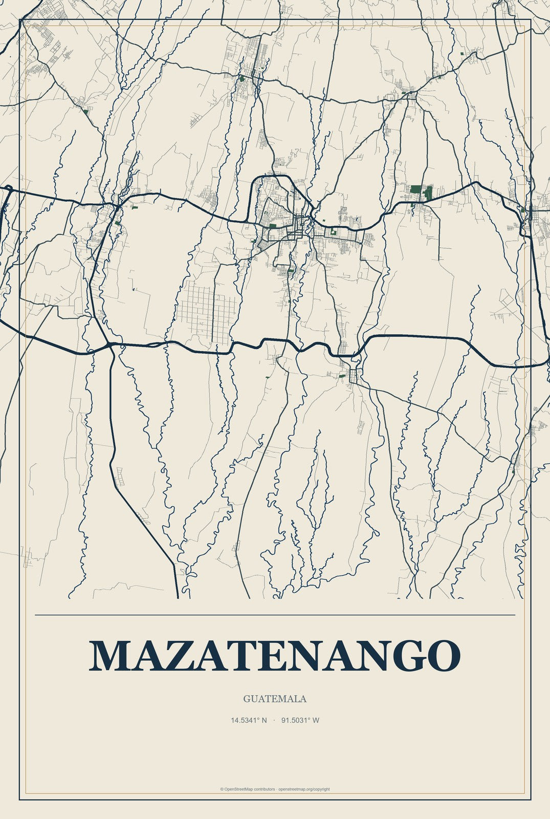 Mazatenango, Guatemala City Map Aluminum Sign in Coastal Cutout style