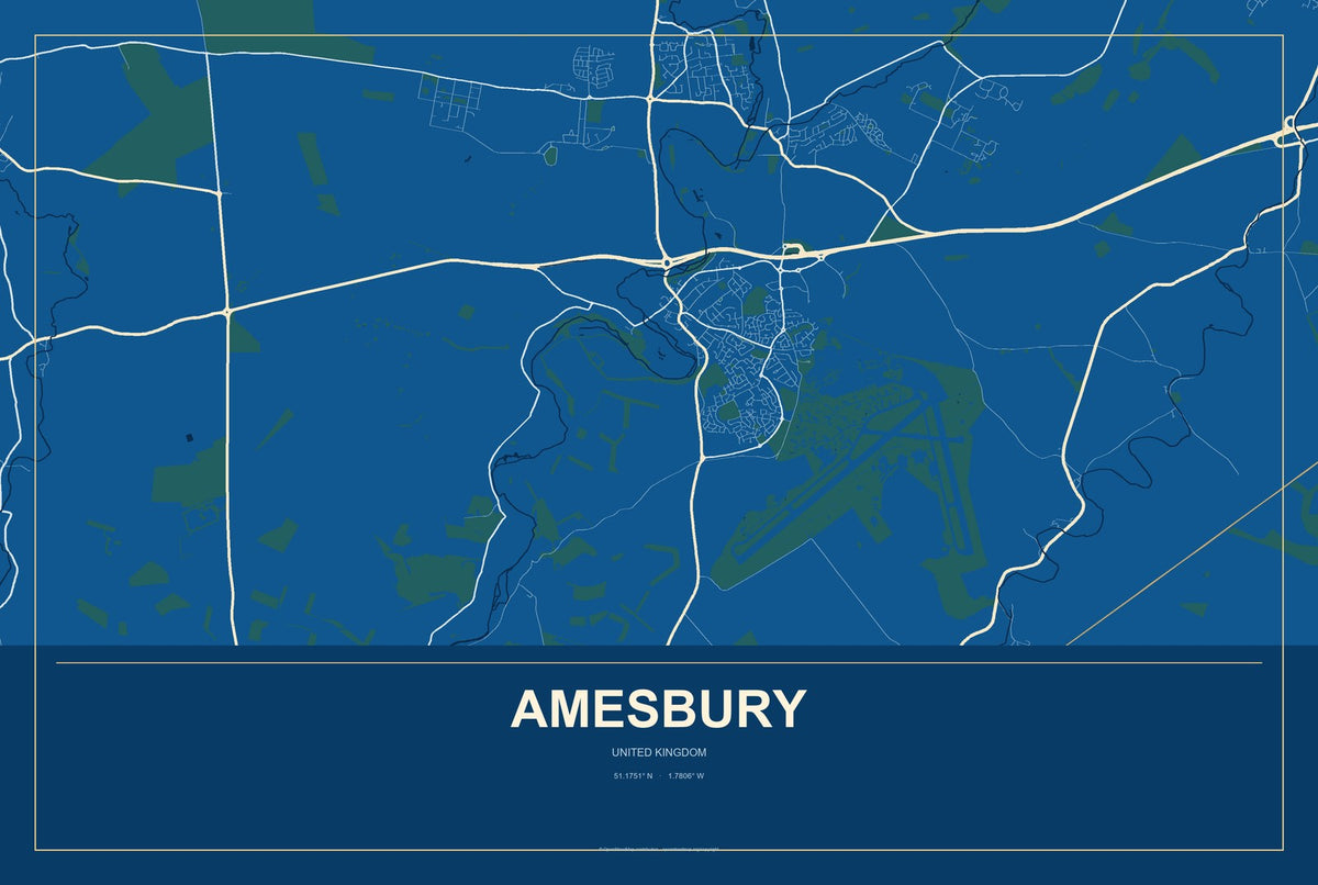 Amesbury, United Kingdom City Map Aluminum Sign in Harbor Cobalt style