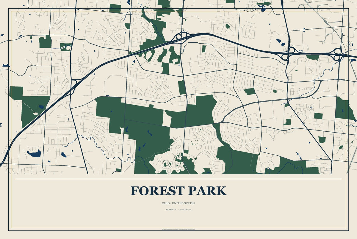 Forest Park, Ohio City Map Aluminum Sign in Coastal Cutout style