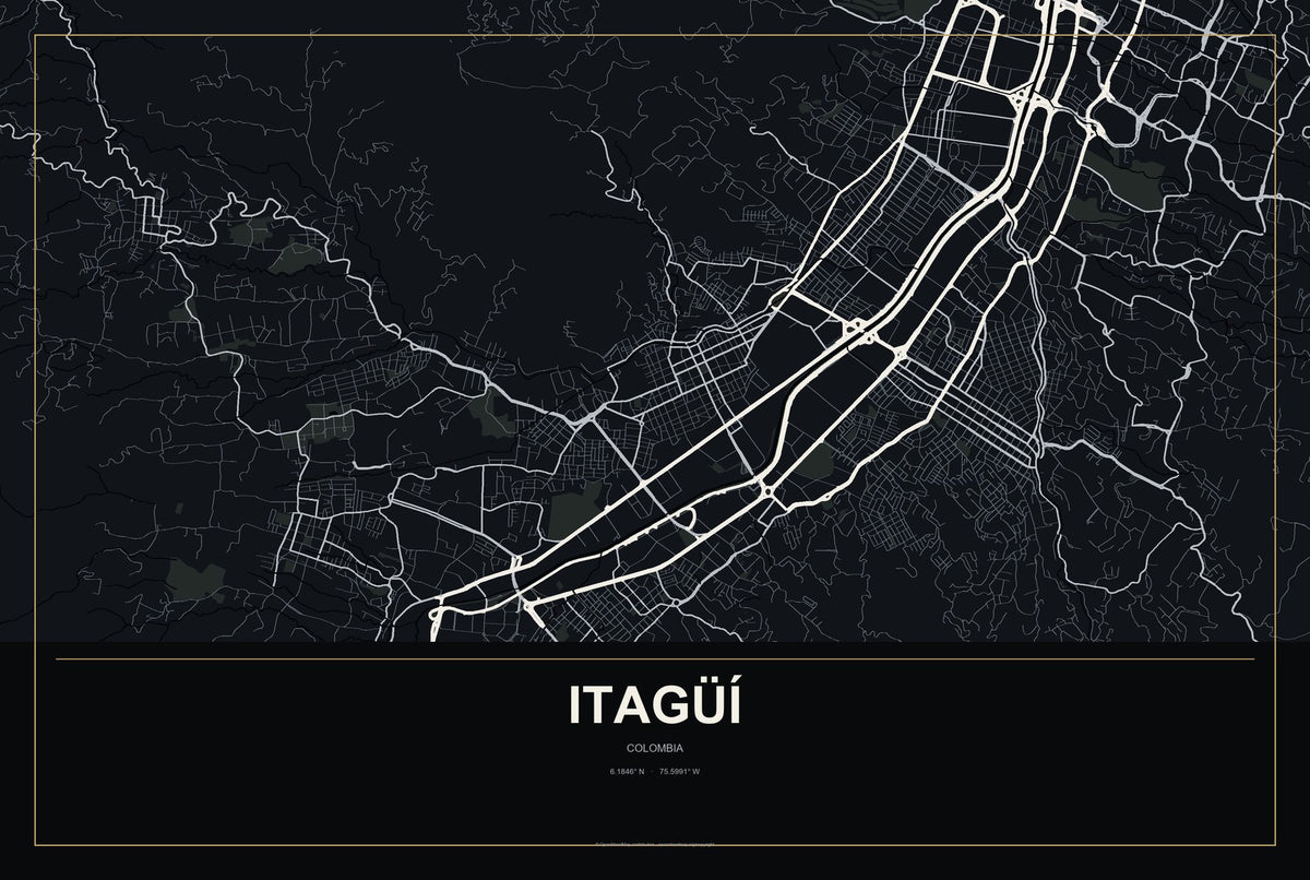 Itagüí, Colombia City Map Aluminum Sign in Metropolitan Noir style