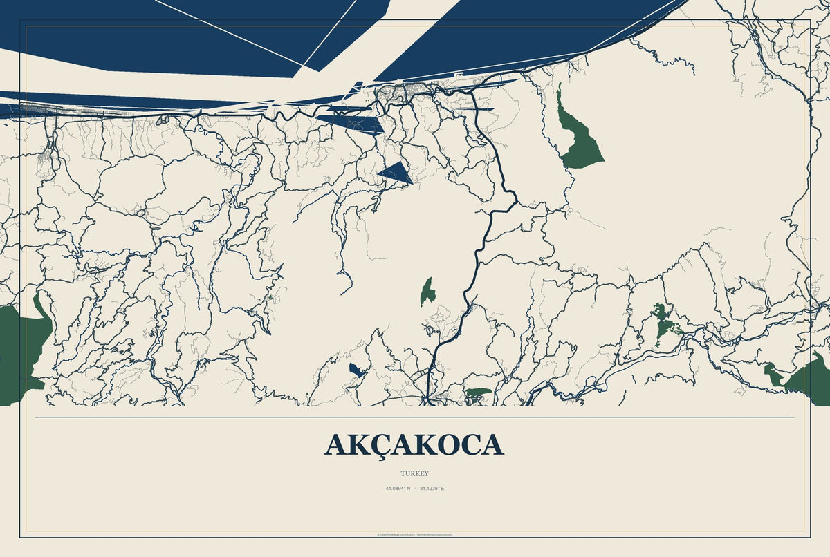 Akçakoca, Turkey City Map Aluminum Sign in Coastal Cutout style