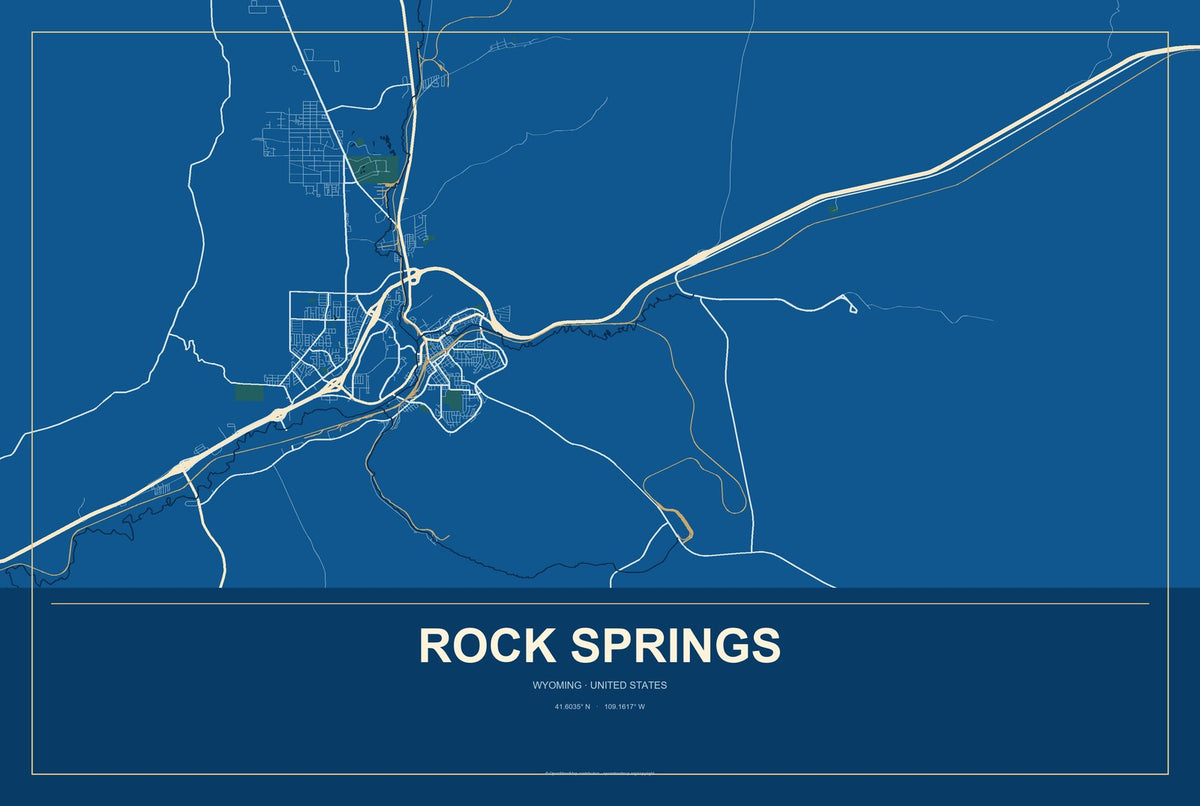 Rock Springs, Wyoming City Map Aluminum Sign in Harbor Cobalt style