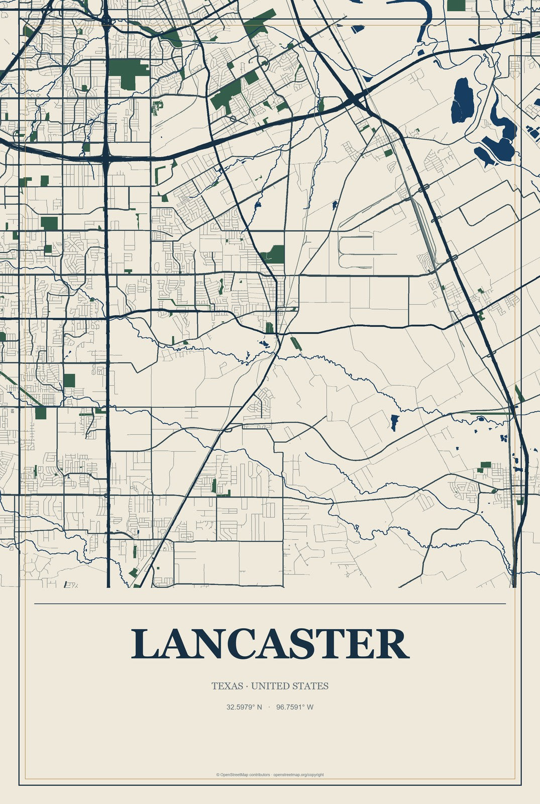 Lancaster, Texas City Map Aluminum Sign in Coastal Cutout style