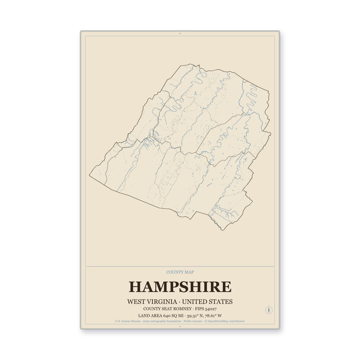 Hampshire County, West Virginia Map Aluminum Sign in Heritage Nautical style