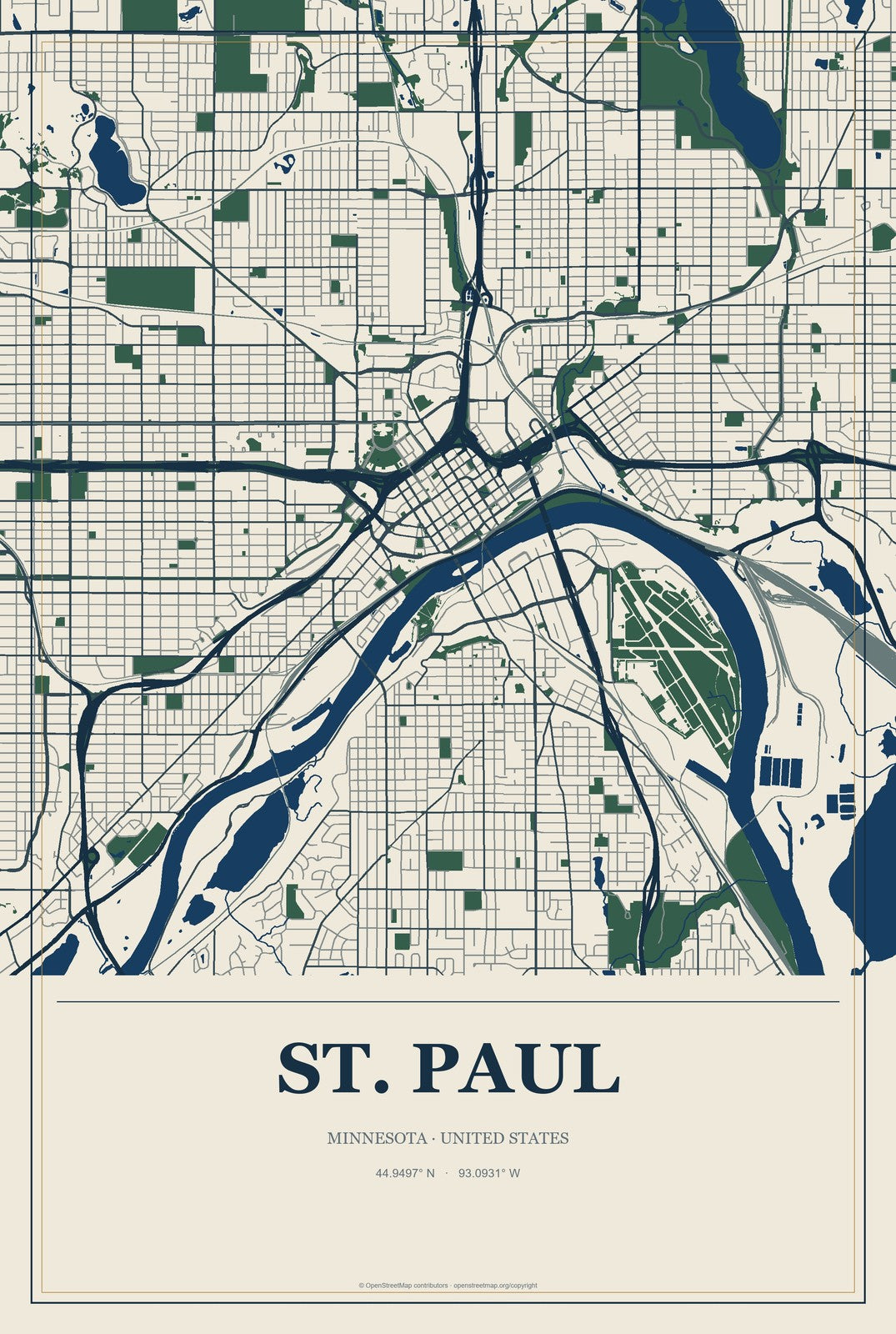 St. Paul, Minnesota City Map Aluminum Sign in Coastal Cutout style