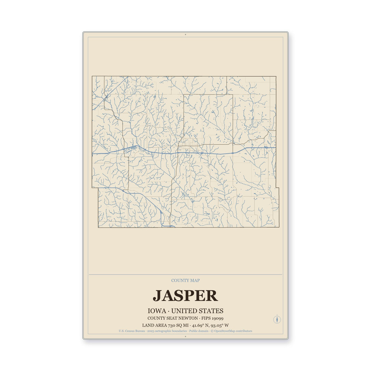 Jasper County, Iowa Map Aluminum Sign in Heritage Nautical style