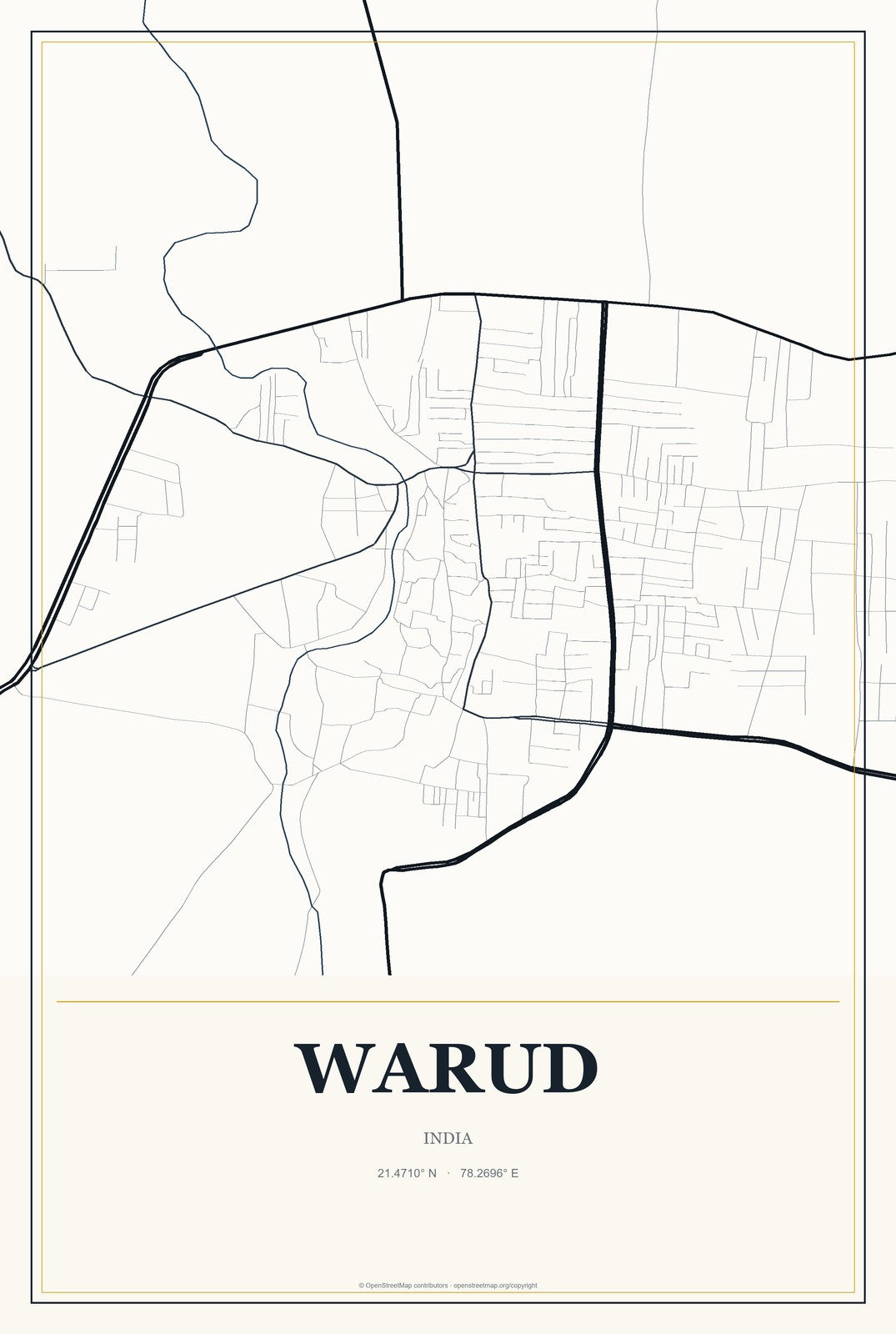 Warud, India City Map Aluminum Sign in Citrine Modern style