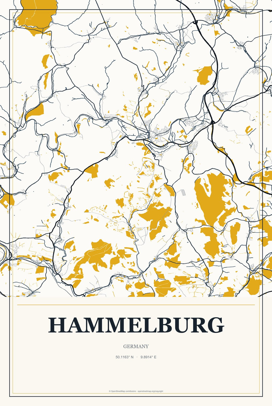 Hammelburg, Germany City Map Aluminum Sign in Citrine Modern style