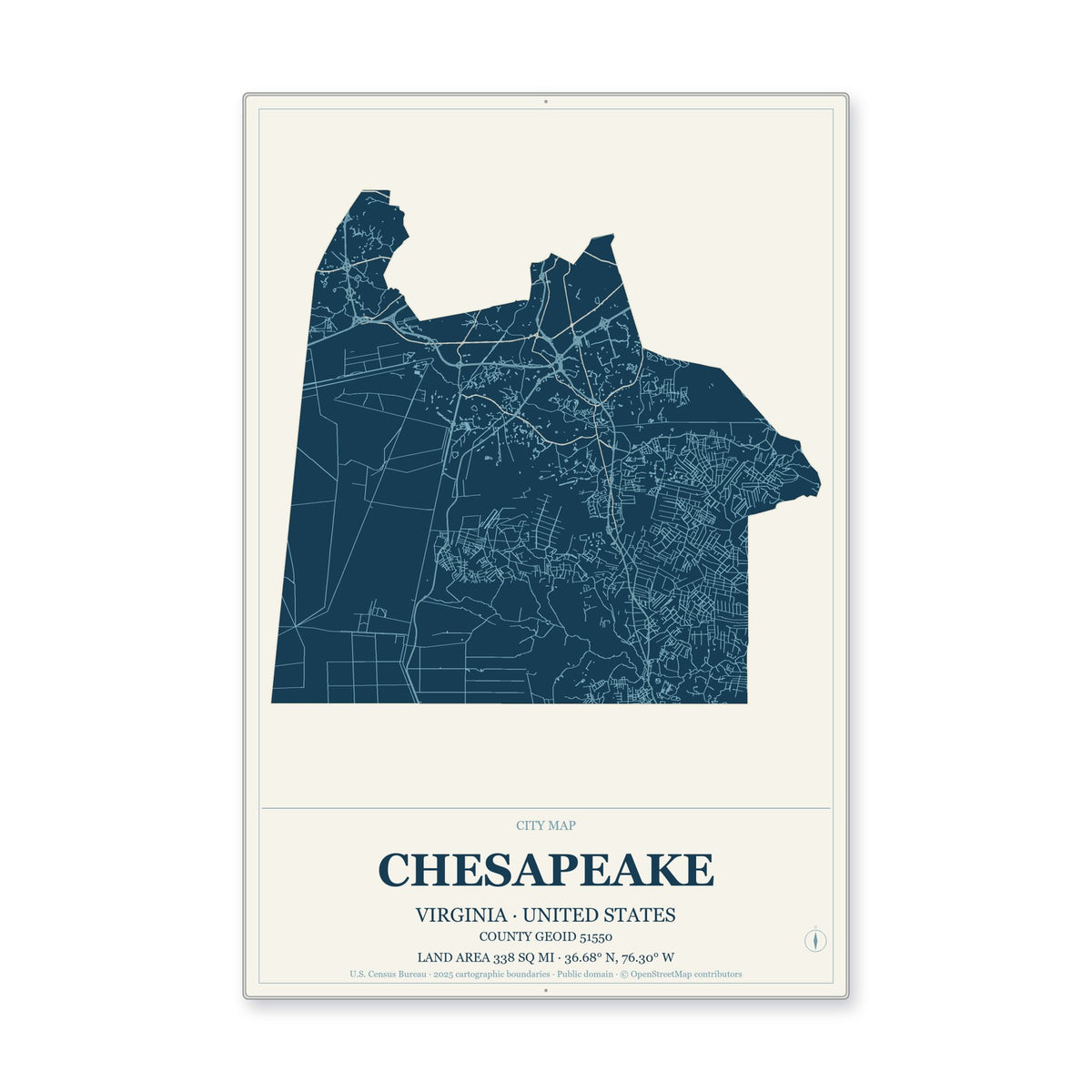 Chesapeake city, Virginia Map Aluminum Sign in Coastal Cutout style