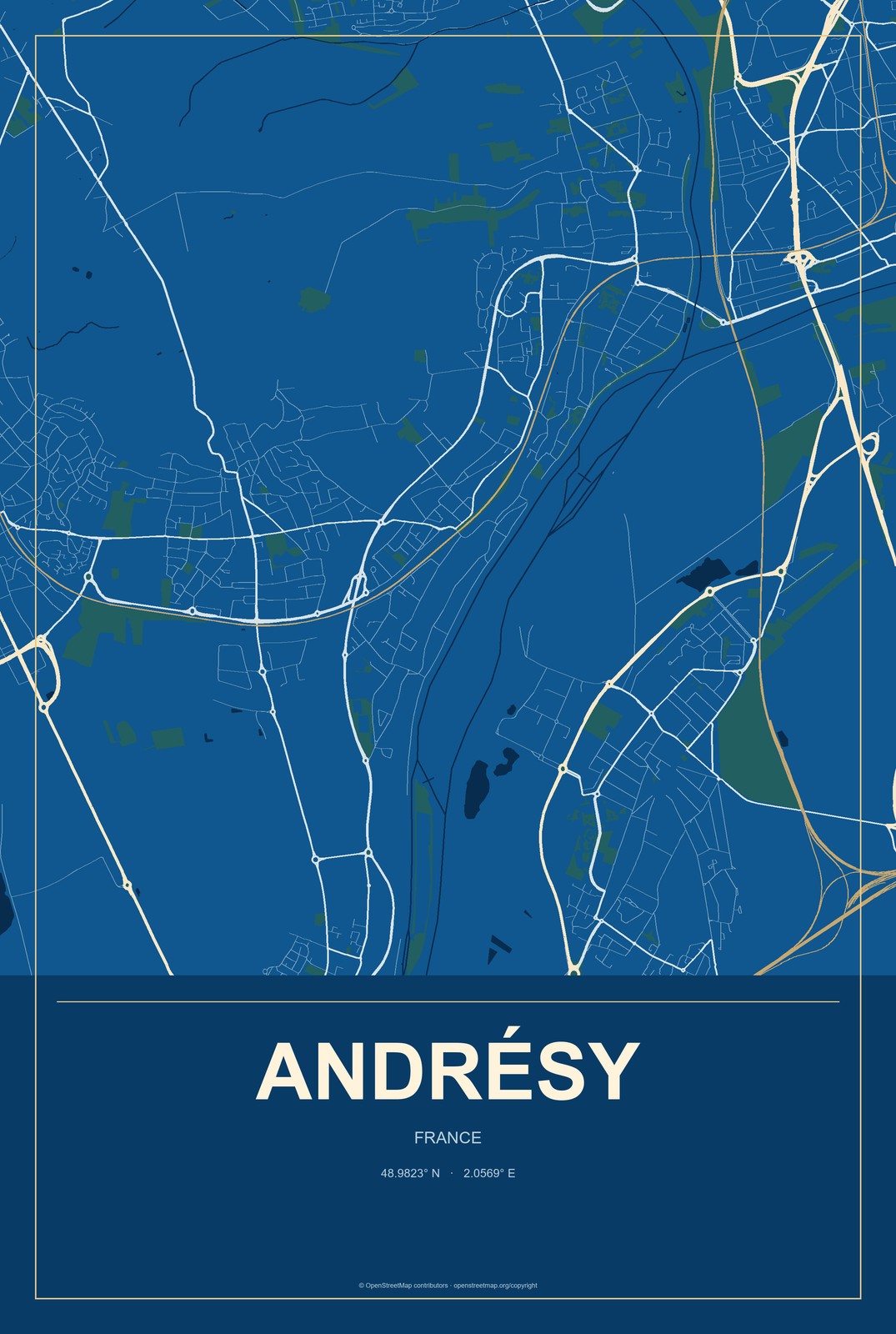 Andrésy, France City Map Aluminum Sign in Harbor Cobalt style