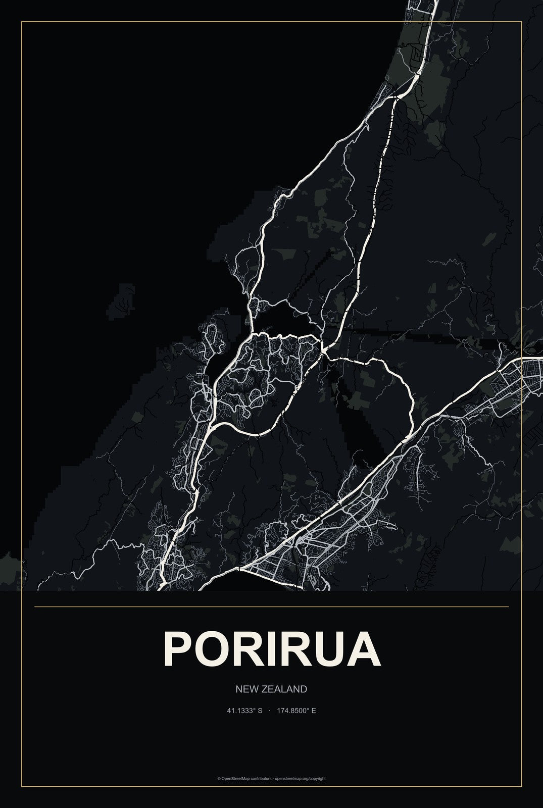 Porirua, New Zealand City Map Aluminum Sign in Metropolitan Noir style
