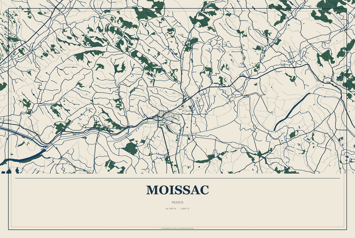 Moissac, France City Map Aluminum Sign in Coastal Cutout style