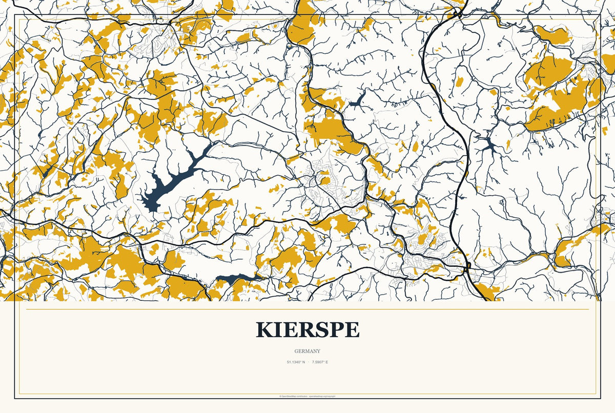 Kierspe, Germany City Map Aluminum Sign in Citrine Modern style