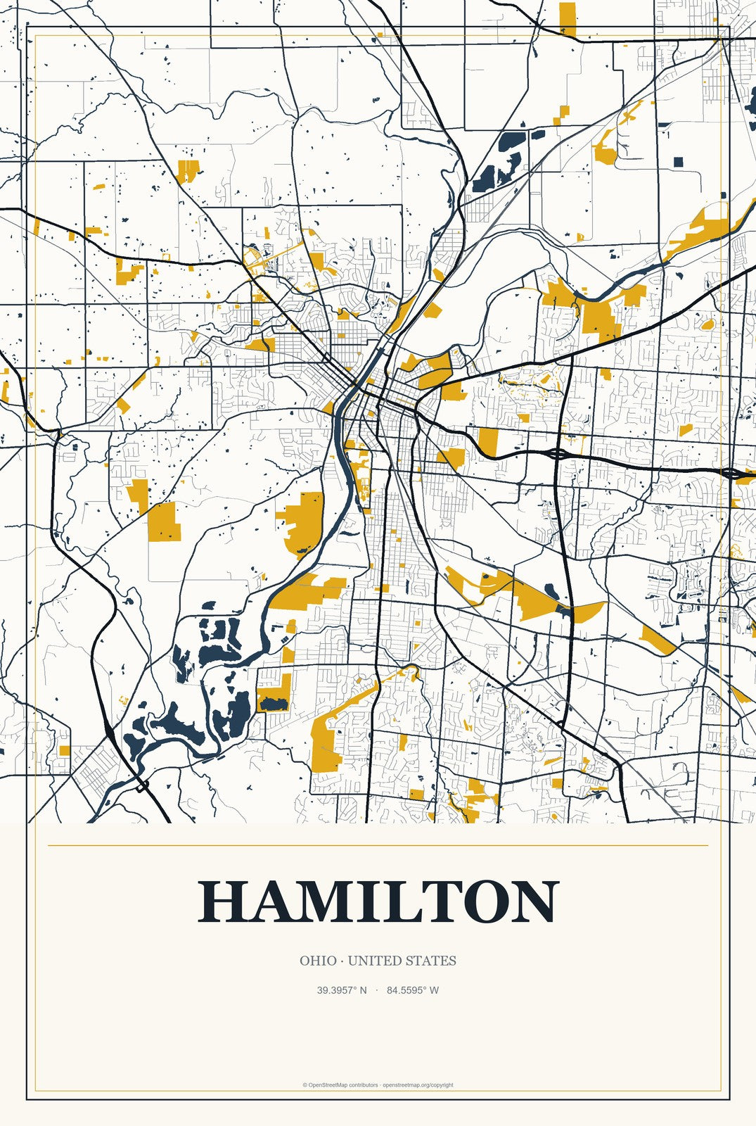 Hamilton, Ohio City Map Aluminum Sign in Citrine Modern style