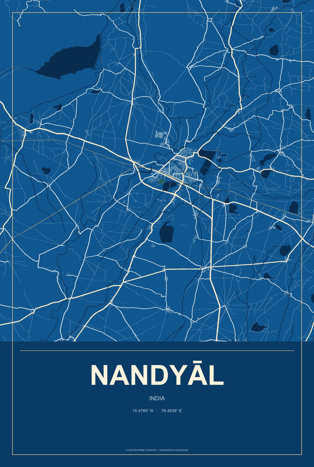 Nandyāl, India City Map Aluminum Sign in Harbor Cobalt style