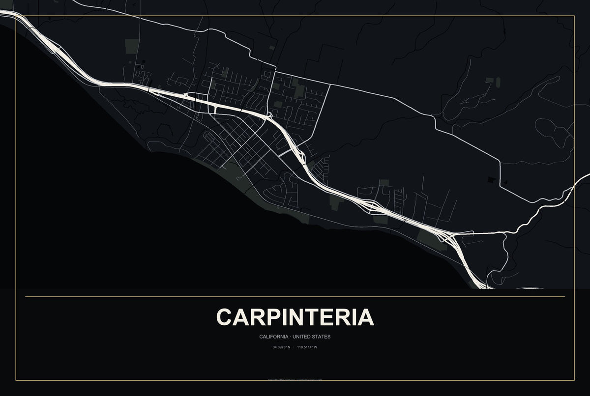 Carpinteria, California City Map Aluminum Sign in Metropolitan Noir style