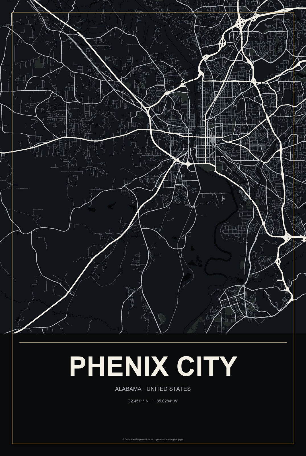 Phenix City, Alabama City Map Aluminum Sign in Metropolitan Noir style