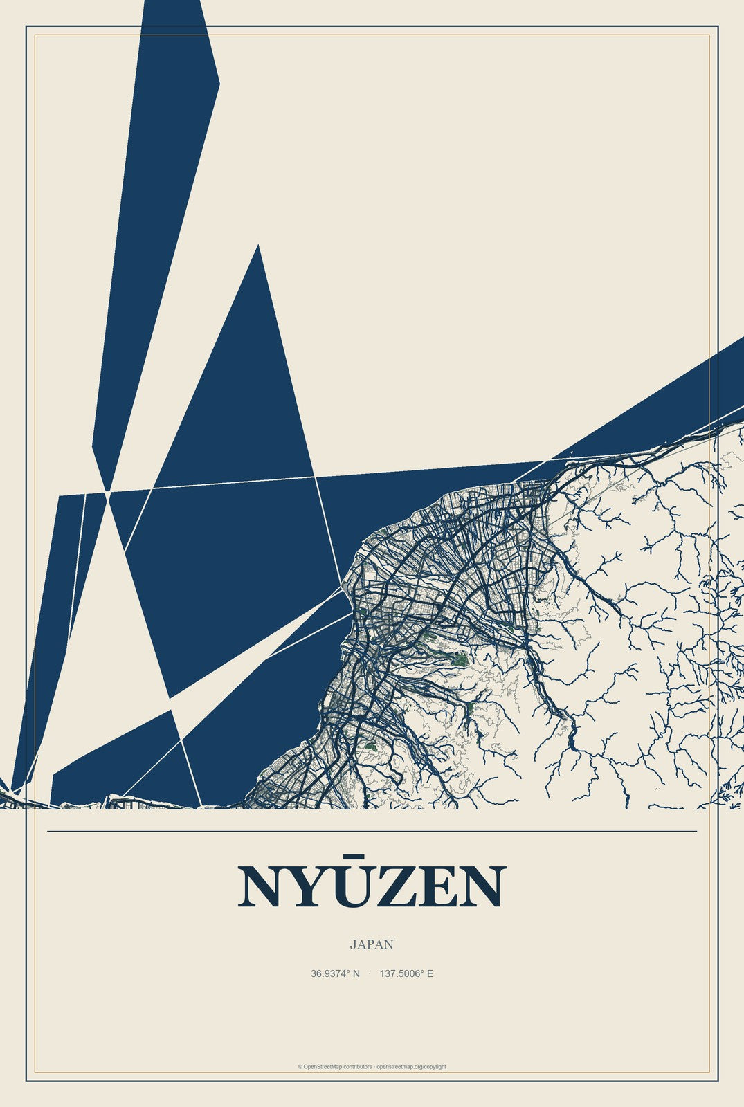 Nyūzen, Japan City Map Aluminum Sign in Coastal Cutout style