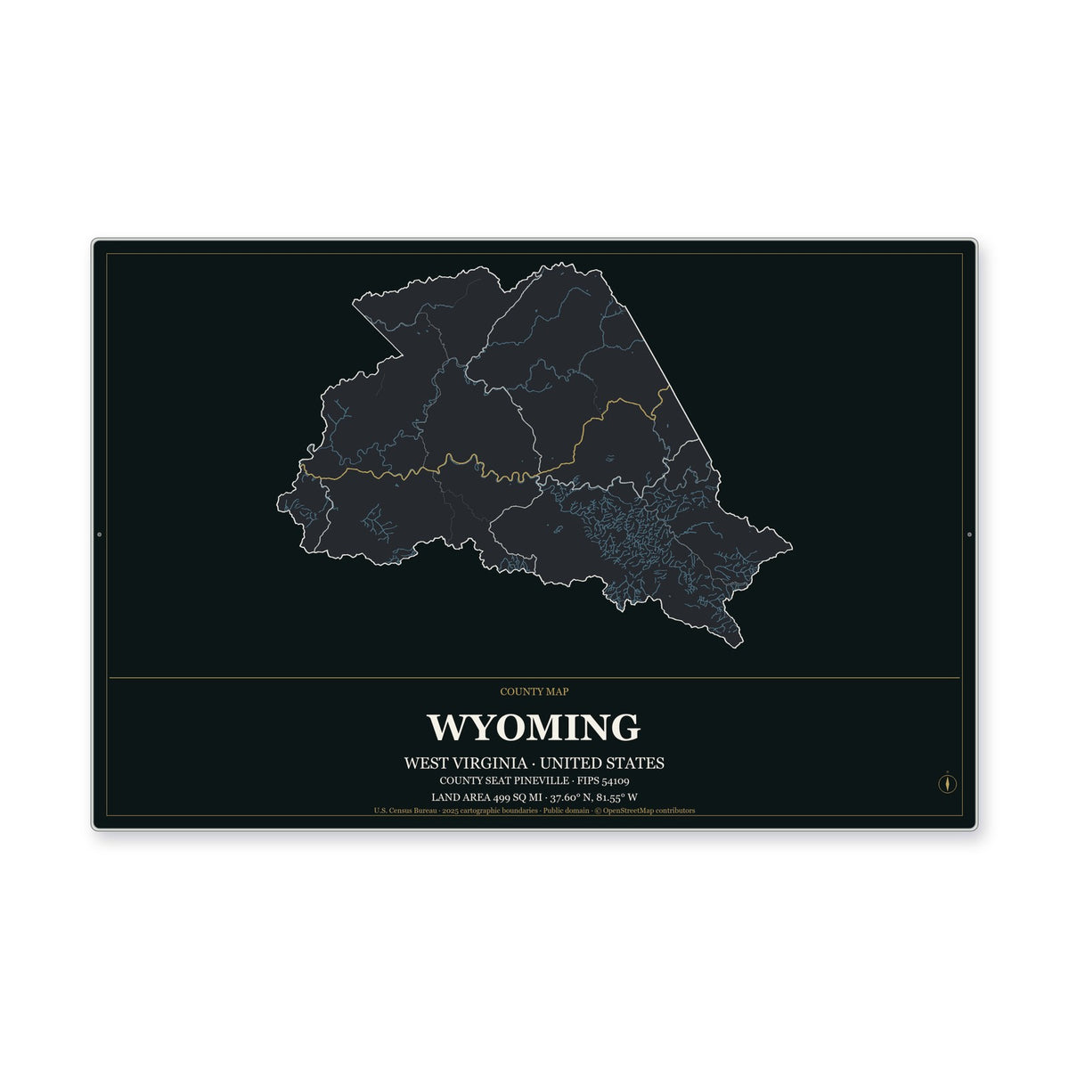 Wyoming County, West Virginia Map Aluminum Sign in Metropolitan Noir style