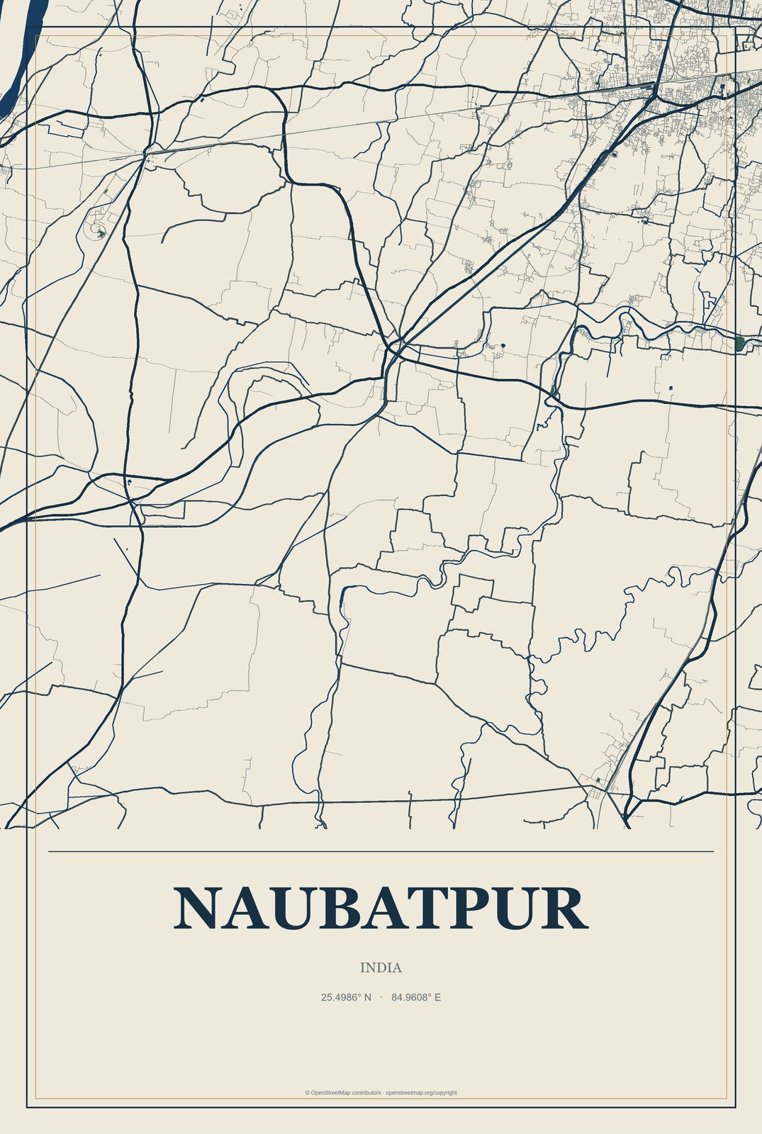 Naubatpur, India City Map Aluminum Sign in Coastal Cutout style