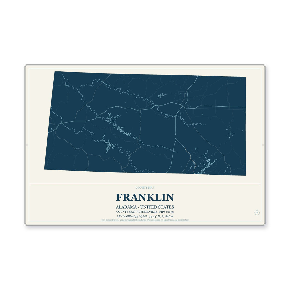 Franklin County, Alabama Map Aluminum Sign in Coastal Cutout style