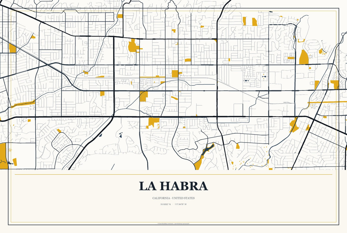 La Habra, California City Map Aluminum Sign in Citrine Modern style