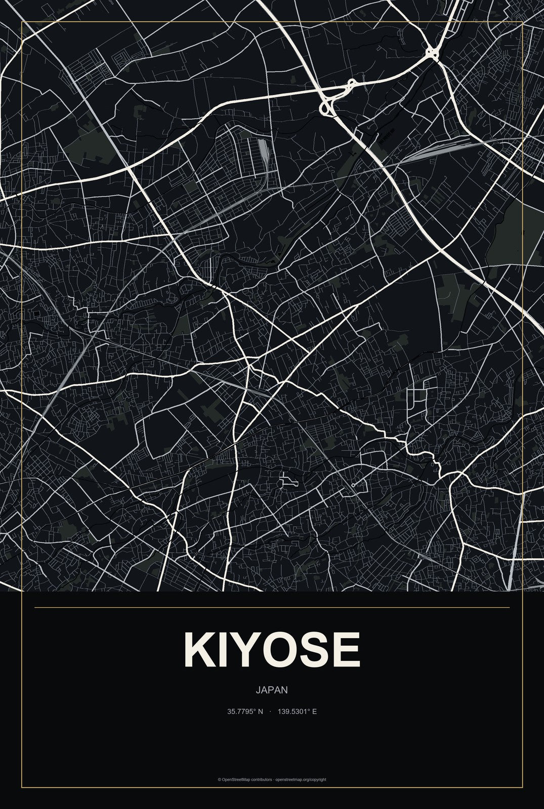 Kiyose, Japan City Map Aluminum Sign in Metropolitan Noir style